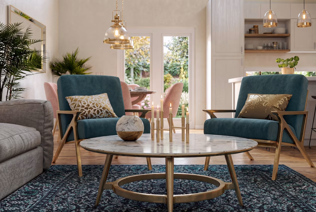 Render interior con materiales arquitectónicos e iluminación