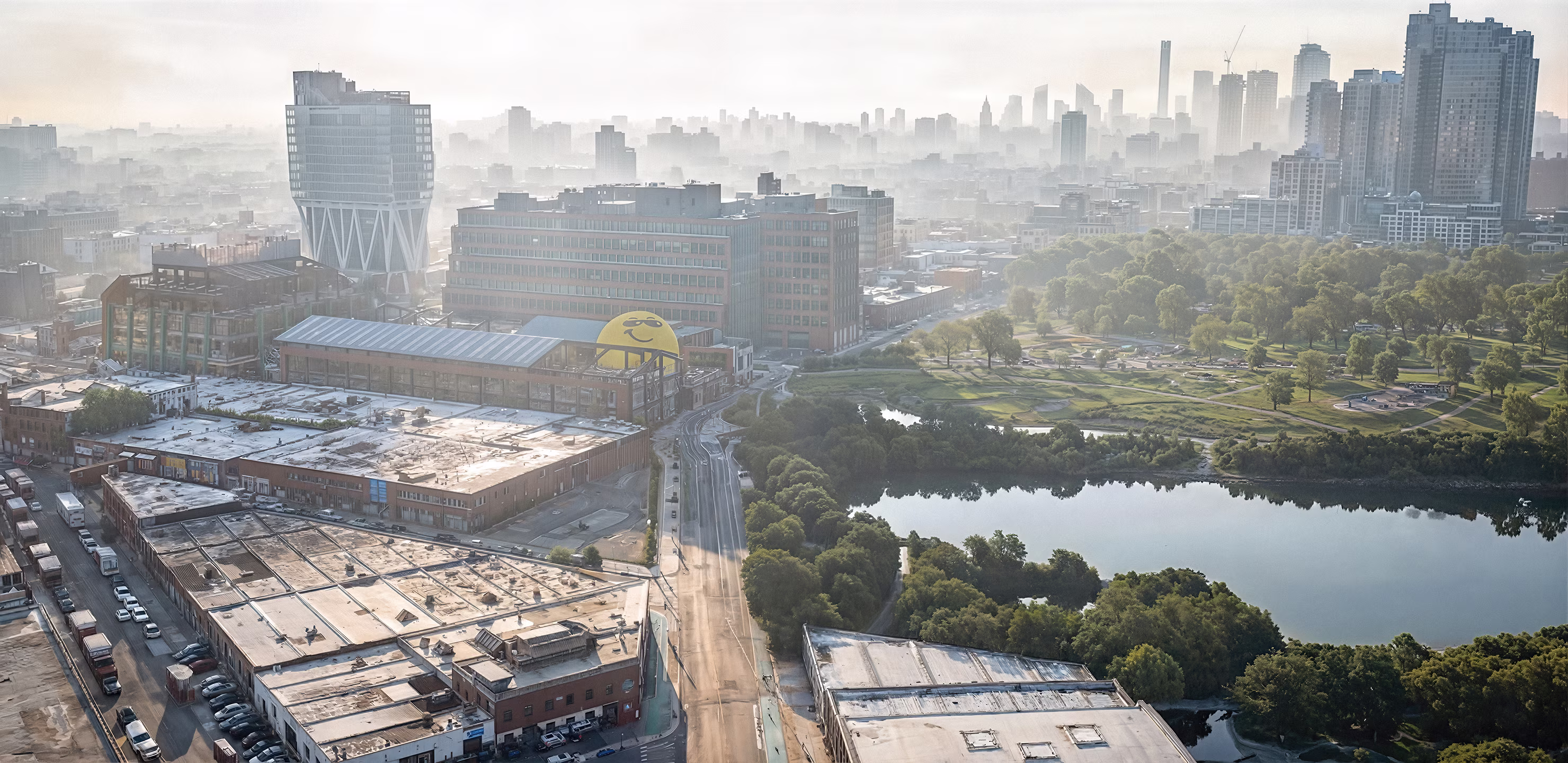 Vista aérea fotorrealista del norte de Williamsburg, Brooklyn, dentro de su contexto urbano